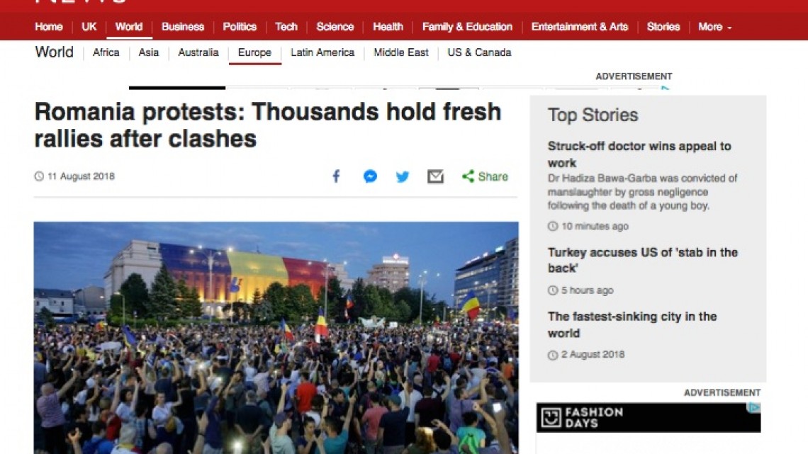 captură ecran sâmbătă, 11 august: BBC a relatat zilnic, de vineri, despre protestele din România