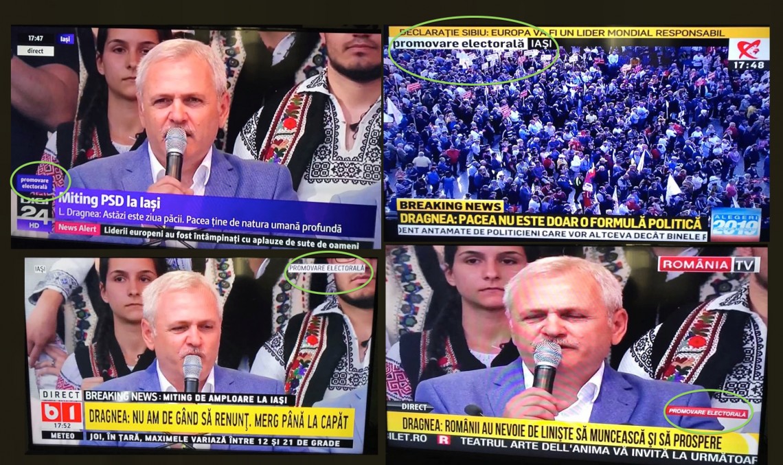 captură imagine din timpul tranmisiei LIVE a mitingului PSD din 9 mai, de la Iași - Digi 24, Realitatea TV, b1TV, România TV.