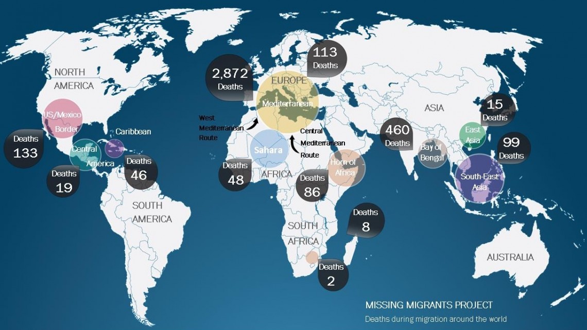 Bilanțul deceselor înregistrate la nivel global, în 2015, în rândul migranților. Sursă: missingmigrants.iom.int