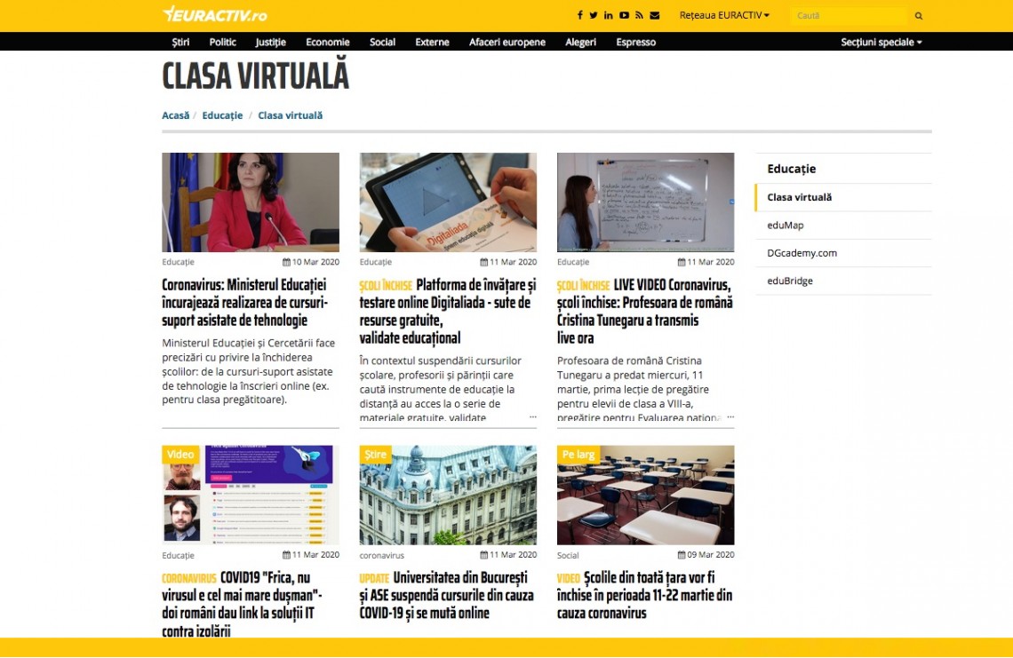 captură secțiune Clasa Virtuală - Educație - EURACTIV.ro