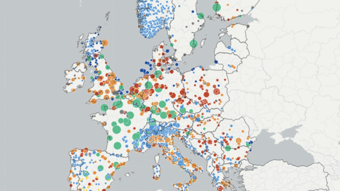 Imagine: Facilități de producție a energiei în Europa. Sursa - https://energy-industry-geolab.jrc.ec.europa.eu/
