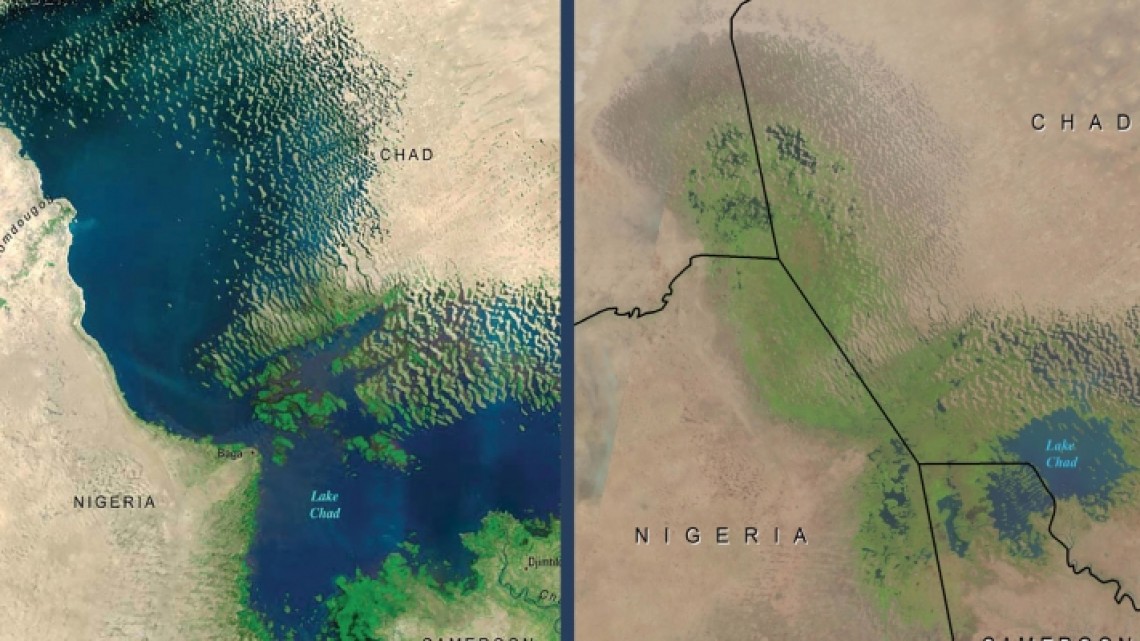 Lacul Ciad, în trecut și acum. Sursa foto: https://www.un.org