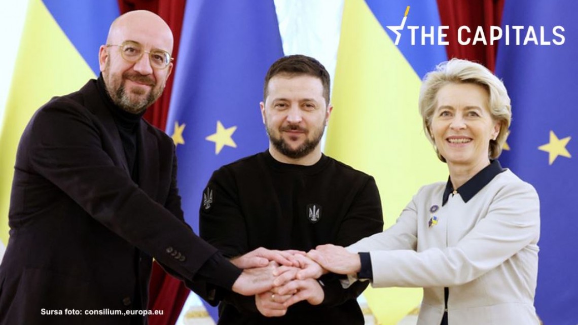 La Summitul UE-Ucraina din 3 februarie (de la stânga la dreapta): Charles Michel, președintele Consiliului European, Volodimir Zelenski, președintele Ucrainei, Ursula von Der Leyen, președinta Comisiei Europene