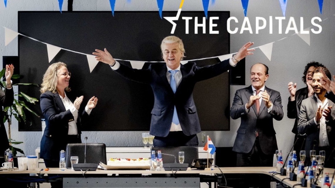 Ultranaționalistul Geert Wilders își celebrează victoria în alegeri. Partidul de extremă-dreapta pe care îl conduce, PVV, a obținut 37 de locuri din 150